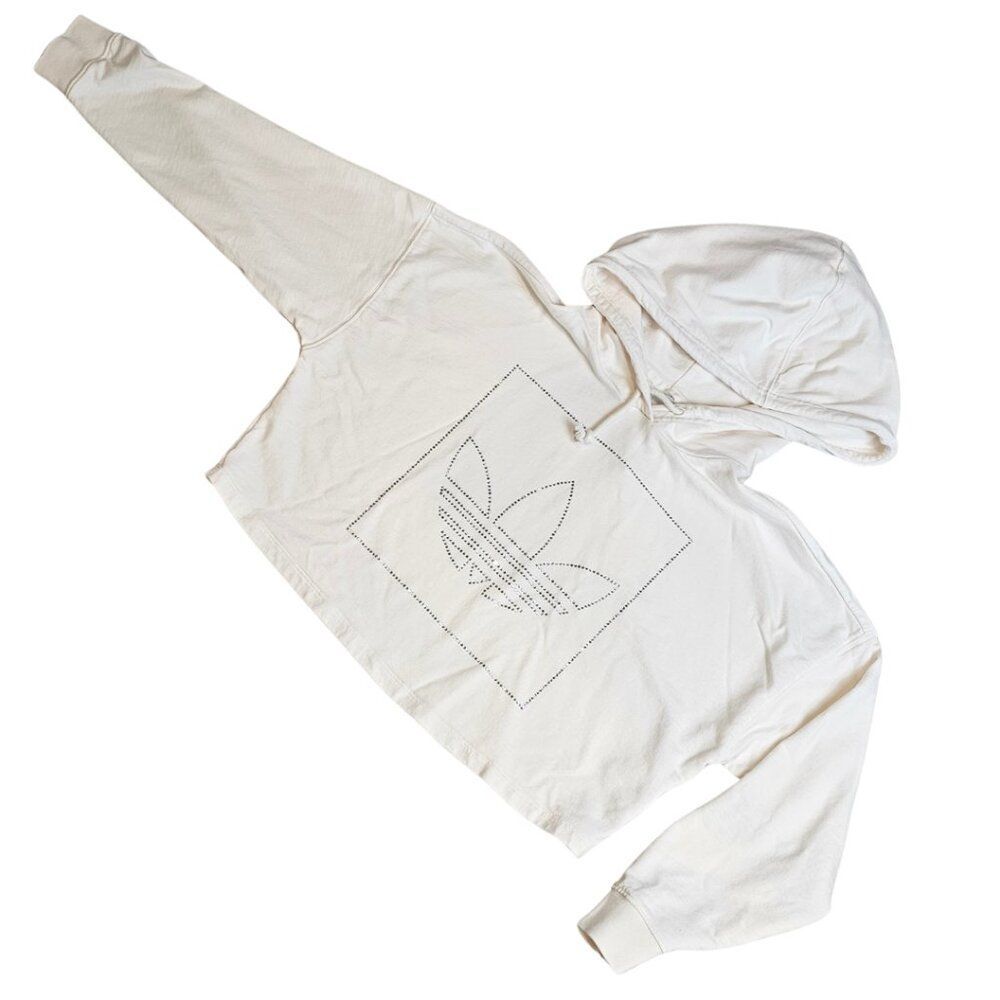 ADIDAS Hoodie Cropped Cream Embellished McBling Pullover Relaxed Lounge Y2K